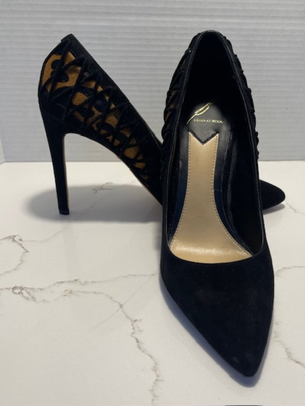 Brian Atwood Oriel Size 8 Black Suede & Leopard Print Stilettos